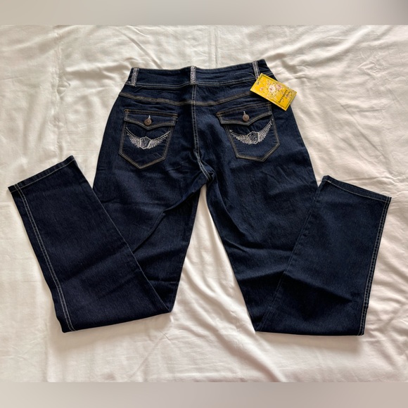 Lovesweet Denim Dark Navy Jeans with Wing Rhinestone Design - Picture 7 of 9